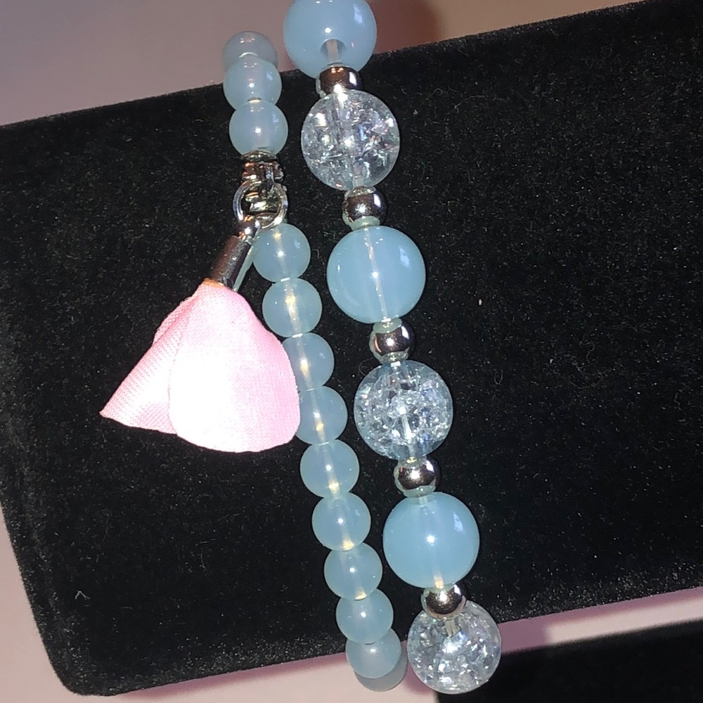 Light Blue Beaded Bracelet with Pink Tassel